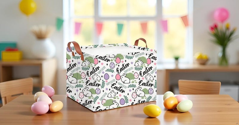 CLOCOR Rectangular Green Easter Gift Basket Empty,Waterproof Storage Basket with Handles,Room Decor(Rabbit Egg) - Image 3